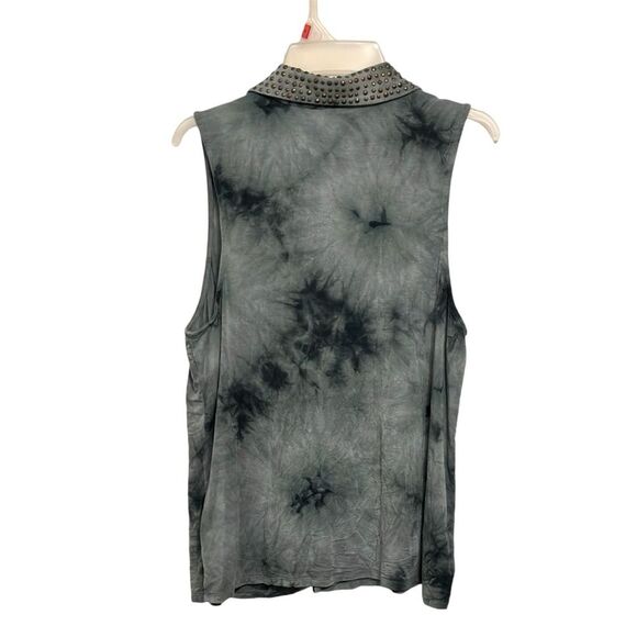 Lucca Couture | Women's Green Tie Dye Studded Collar Button Down Tank Top - Picture 2 of 14